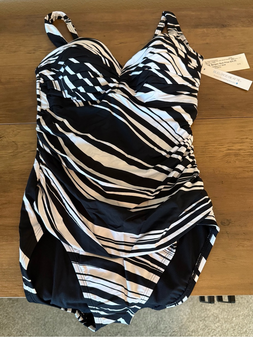 Bleu Rod Beattie Black & White Striped One-Piece Shirred Slimming Swimsuit NWT